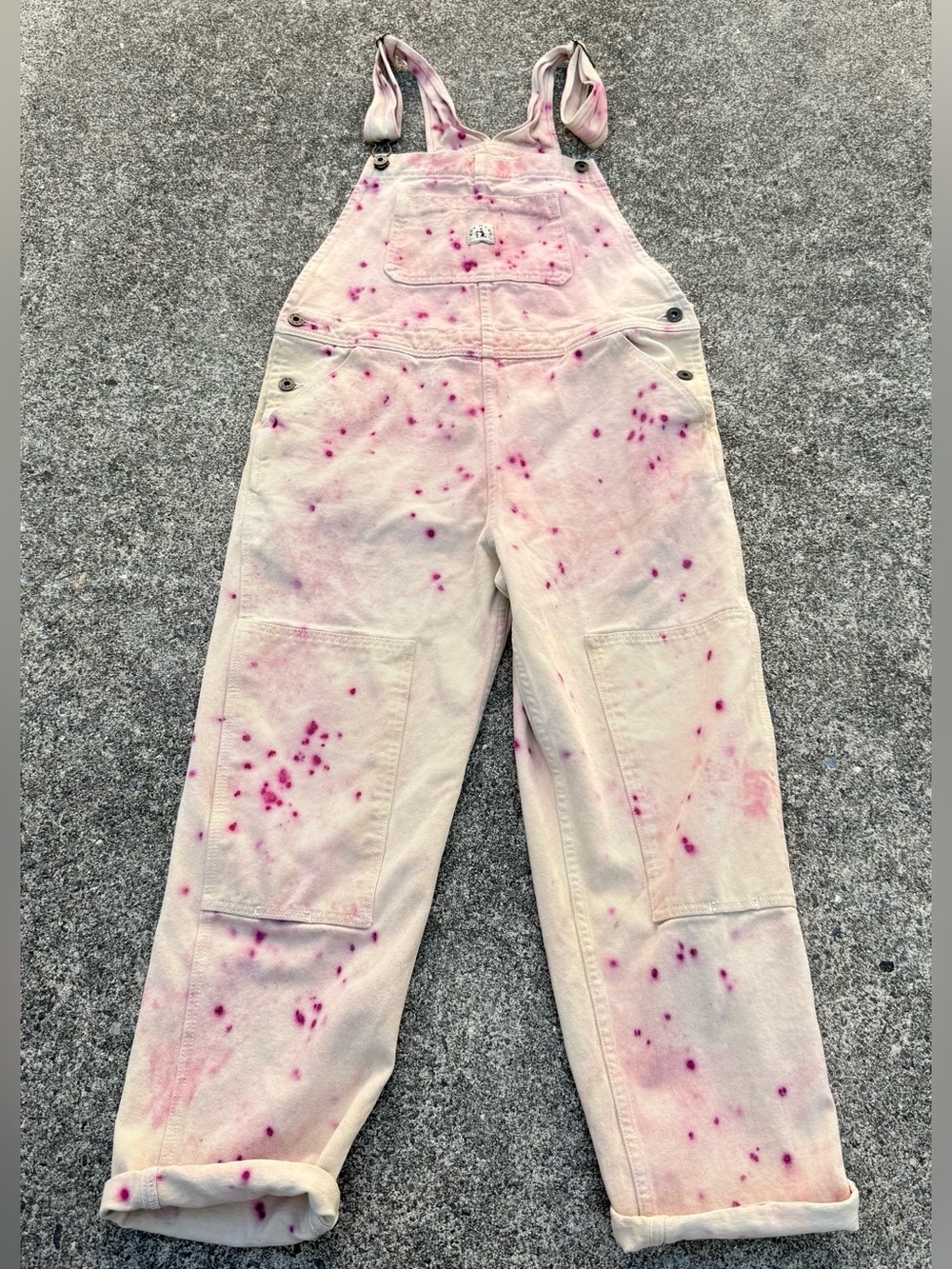 Hey Gang Upcycled Magenta Splatter Overalls Size 2 Cream Denim Dungarees